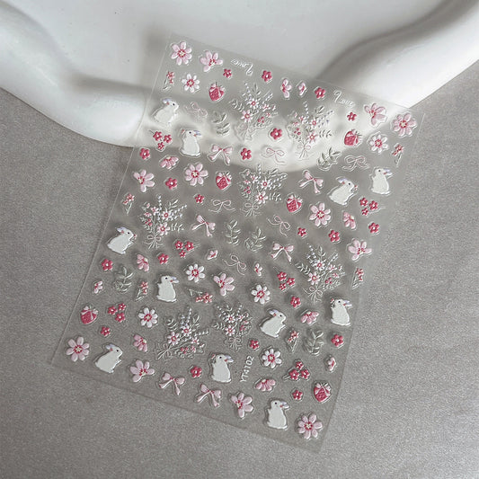 MoeMolly Embossed Flower Nail Art Stickers-Strawberry Bunny
