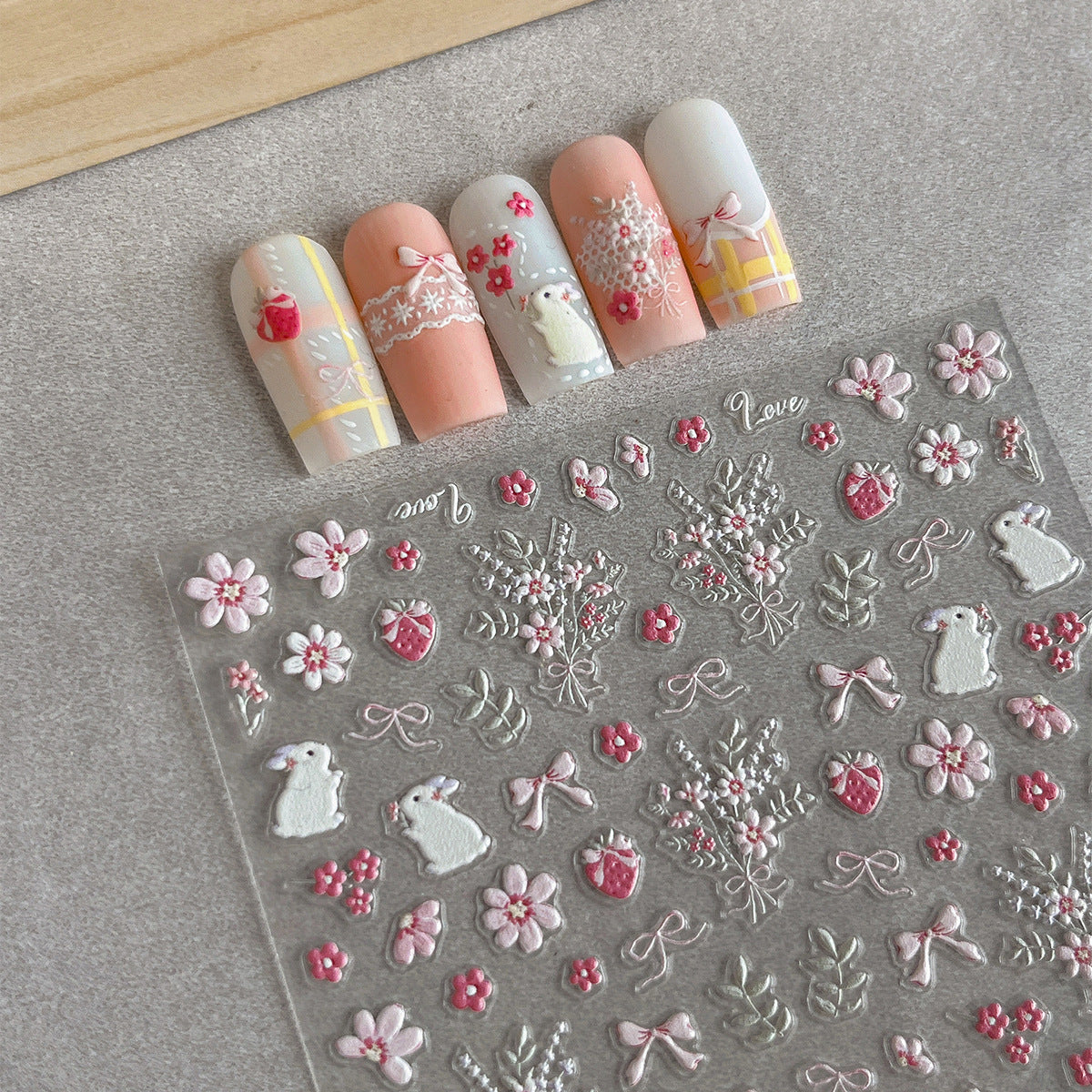 MoeMolly Embossed Flower Nail Art Stickers-Strawberry Bunny